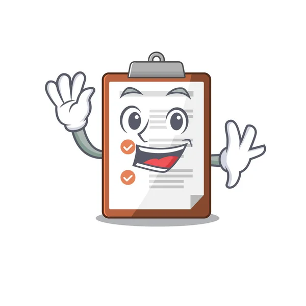 Waving cute smiley clipboard Scroll cartoon character design — 스톡 벡터