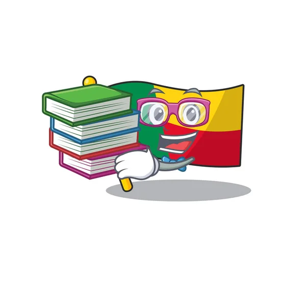 Drapeau étudiant intelligent Bénin défilement mascotte dessin animé avec livre — Image vectorielle