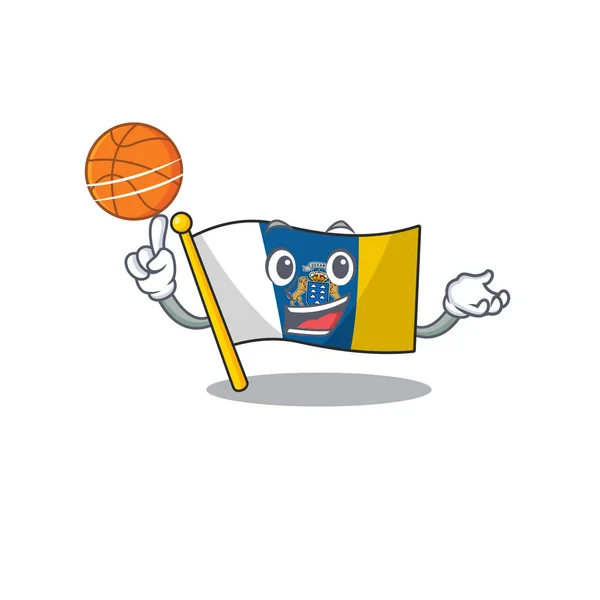 Eine Ikone der Flagge Kanarische Insel Schriftrolle Cartoon-Figur Basketball spielen — Stockvektor