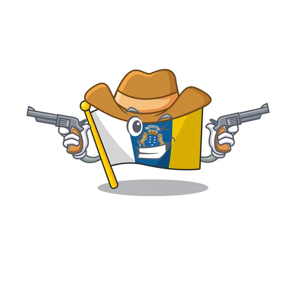 Vlag kanarie eiland Scroll mascotte uitgevoerd als een Cowboy met geweren — Stockvector