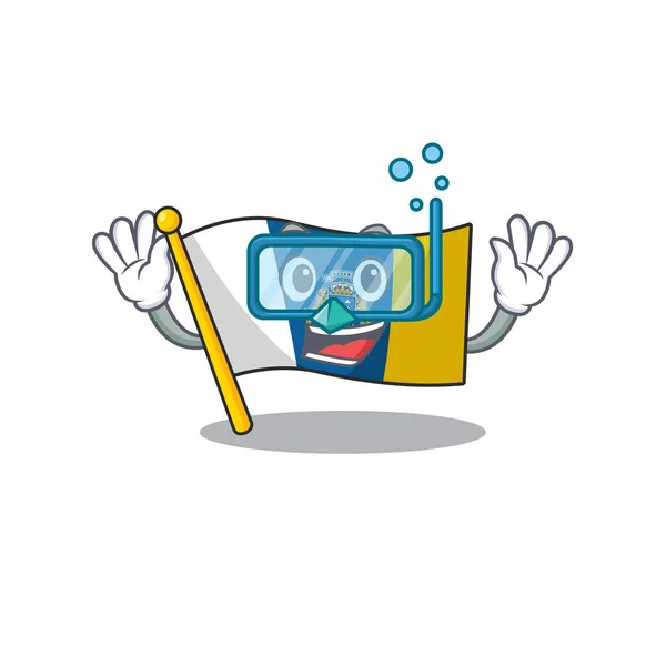 Mascota de dibujos animados con bandera canaria isla Desplazarse con gafas de buceo — Vector de stock