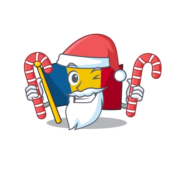 Glücklich Flagge chad Schriftrolle Cartoon-Figur in Santa mit Süßigkeiten — Stockvektor