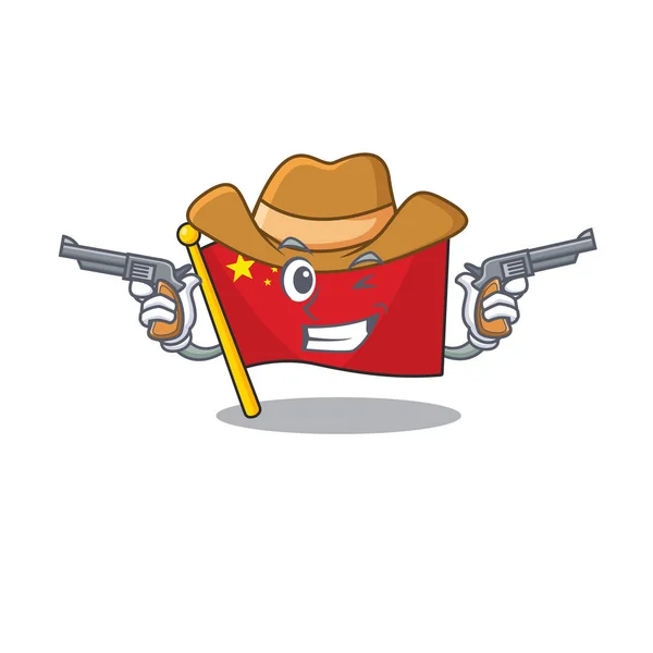 Drapeau Chine Scroll mascotte réalisée en tant que Cowboy avec des armes — Image vectorielle