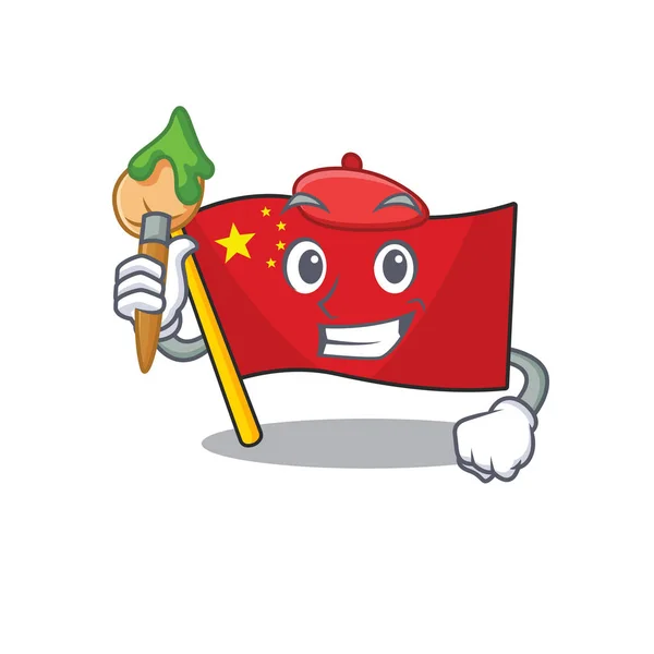 Bandeira engraçada china Scroll Artista personagem de desenho animado segurando escova —  Vetores de Stock