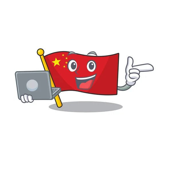Χαριτωμένη και έξυπνη σημαία Κίνα Κύλιση εργασίας με φορητό υπολογιστή — Διανυσματικό Αρχείο