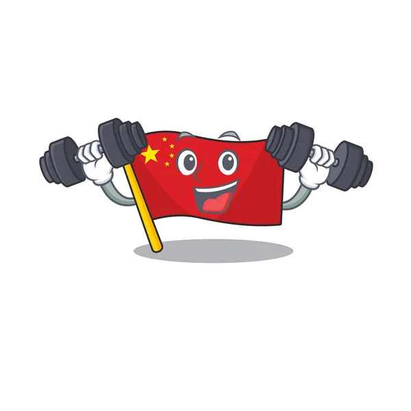 Fitness-Übung Flagge China Cartoon-Figur mit Hanteln — Stockvektor