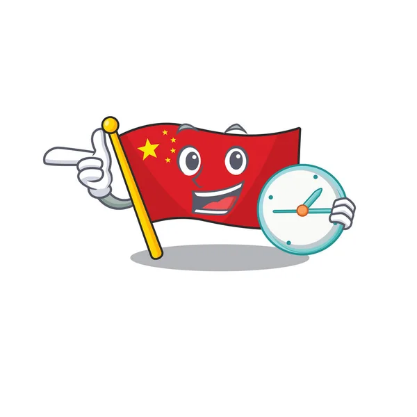 Drapeau souriant Chine style de personnage de dessin animé Scroll avec horloge — Image vectorielle