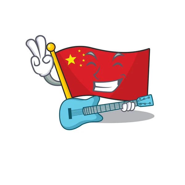 Ceia bandeira legal china Scroll desempenho cartoon com guitarra — Vetor de Stock