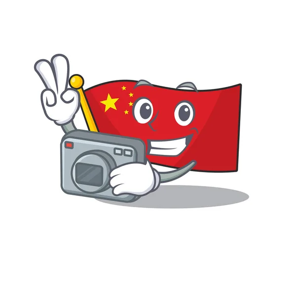 Un professionnel Photographe drapeau Chine Scroll mascotte style avec un appareil photo — Image vectorielle