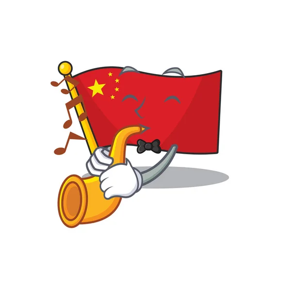 Bandeira china Scroll desenho animado personagem desempenho com trompete — Vetor de Stock