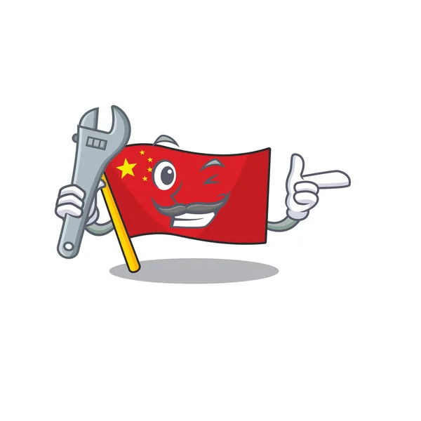 Cool Mechanic vlag porselein Scroll tekenfilm karakter ontwerp — Stockvector