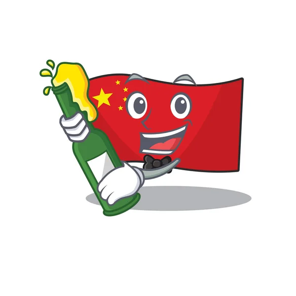 Flagge China Schriftrolle mit Flasche Bier Maskottchen Cartoon-Stil — Stockvektor