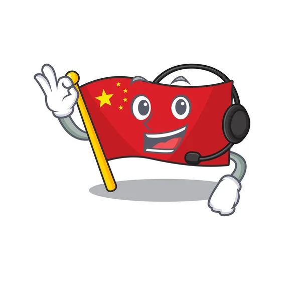 Bonito bandeira china rolagem desenho dos desenhos animados personagem usando fone de ouvido — Vetor de Stock