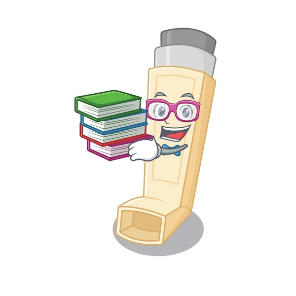 Coole und clevere Asthma-Inhalator-Maskottchen-Karikatur mit Buch — Stockvektor