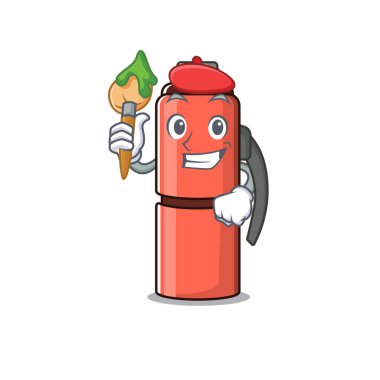 Komik termos şişe Scroll Sanatçı karikatür karakteri fırça tutuyor