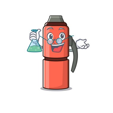 Komik ve zeki profesör termos şişe maskot cam tüp tutuyor.
