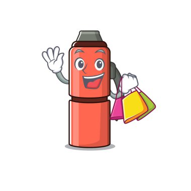 Gülen surat termos şişesi. Maskot stili el sallama ve alışveriş çantası tutma.
