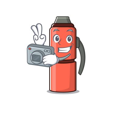 Profesyonel fotoğrafçı termosu şişesi. Kameralı maskot stili.