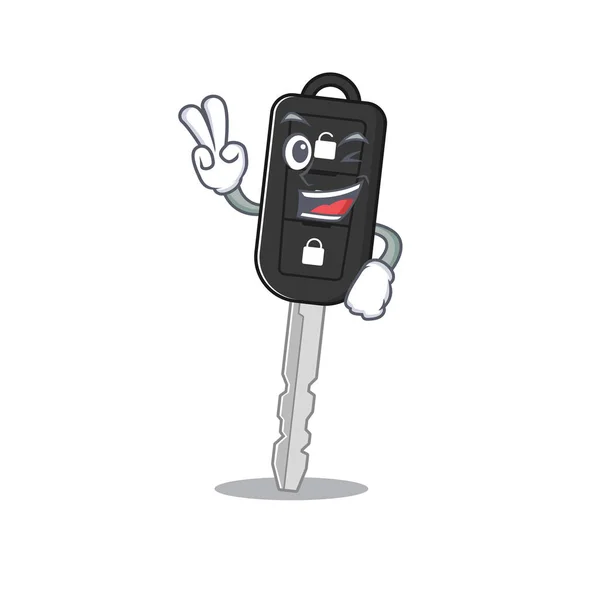 Smiley mascota de la clave del coche de dibujos animados Personaje con dos dedos — Archivo Imágenes Vectoriales