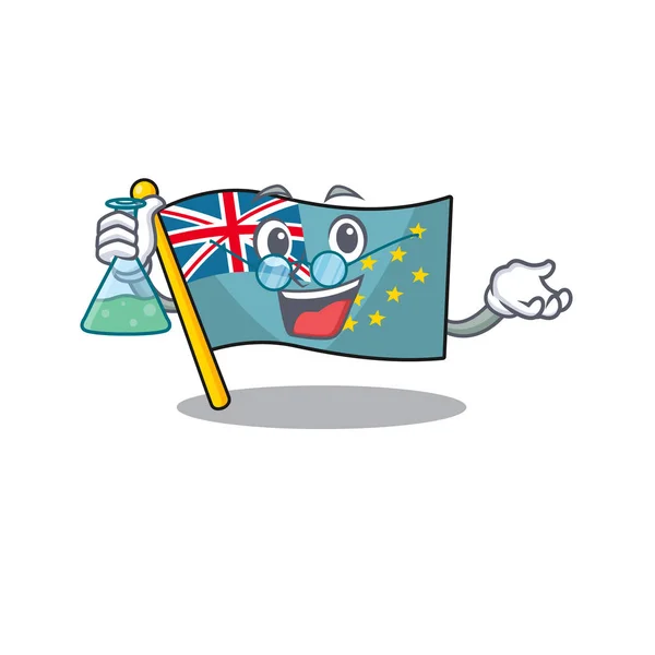 Funny and Smart Professor flag tuvalu Scroll mascot holding glass tube — 스톡 벡터