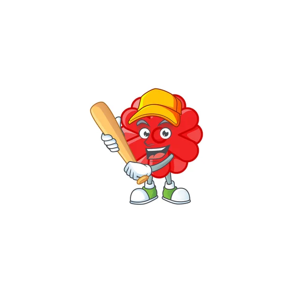 Sportlich lächelnde chinesische rote Blume Cartoon-Maskottchen mit Baseball — Stockvektor