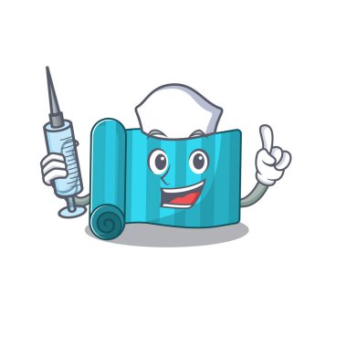 Misafirperver Hemşire yoga yatağı. Elinde şırınga tutan çizgi film stili.