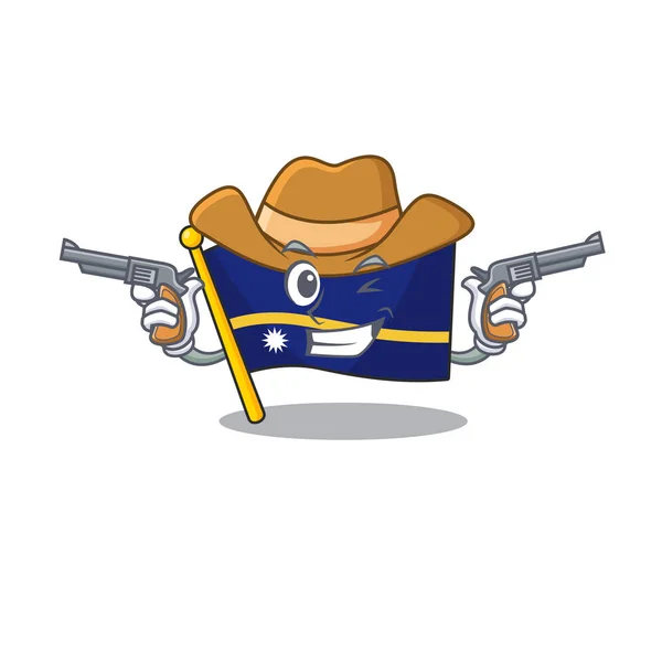 Mascotte Drapeau nauru Scroll interprétée comme un Cowboy avec des armes — Image vectorielle