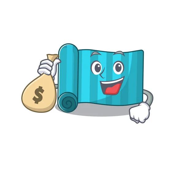 Smiley yoga mattress Scroll cartoon character with money bag — Stock Vector