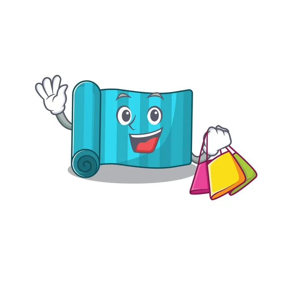 Colchón de yoga de cara feliz Estilo de mascota de desplazamiento agitando y sosteniendo el bolso de compras — Vector de stock