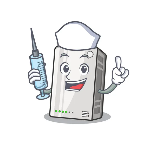 Smiley zdravotní sestra power banka kreslený postava s injekční stříkačkou — Stockový vektor
