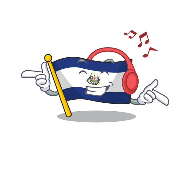 Ouvir música bandeira el salvador Scroll mascote desenho de personagens de desenhos animados —  Vetores de Stock