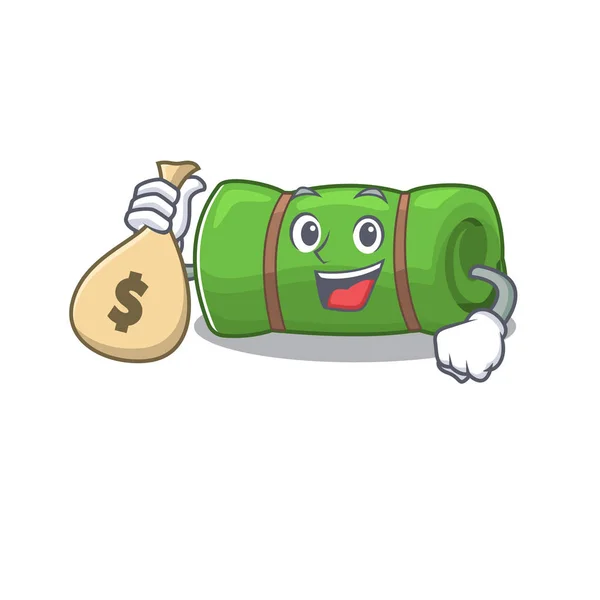 Estera de camping Smiley Personaje de dibujos animados Scroll con bolsa de dinero — Vector de stock