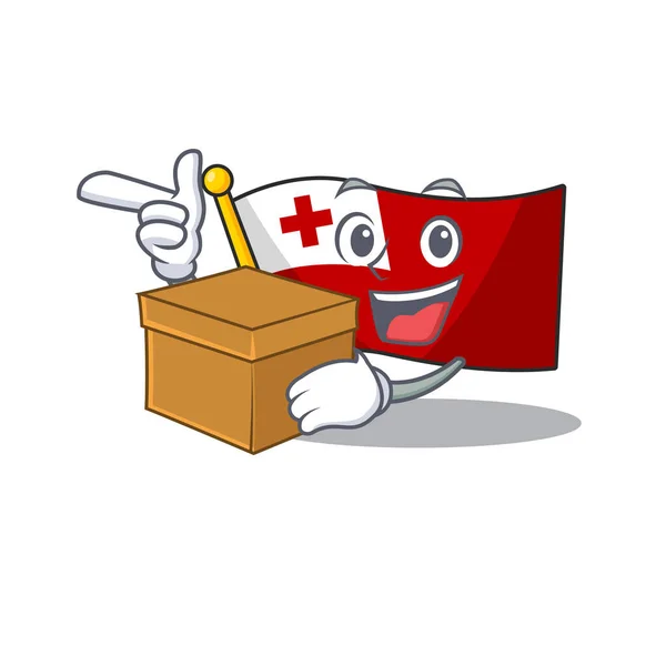 Bandera tonga Desplazar personaje de dibujos animados trayendo una caja — Archivo Imágenes Vectoriales