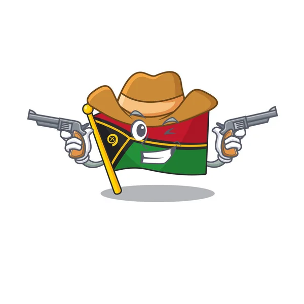 Flagga vanuatu Rulla maskot utförs som en Cowboy med vapen — Stock vektor