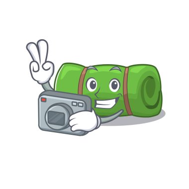 Profesyonel bir fotoğrafçı kamp paspası. Kameralı bir maskot stili.
