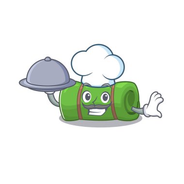 karikatür tasarımı kamp paspası tepside yemek olan bir aşçı olarak kaydır