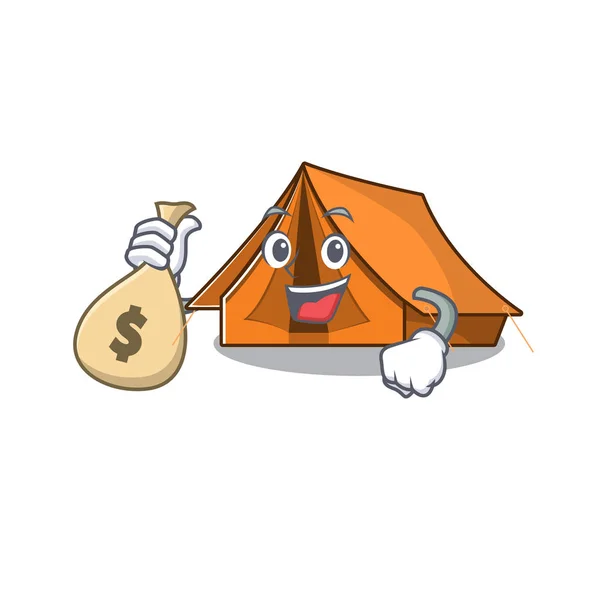 Güler yüzlü kamp çadırı Para çantalı çizgi film karakteri — Stok Vektör