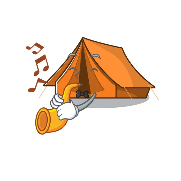 Camping tent Scroll cartoon character design performance with trumpet — Stock Vector