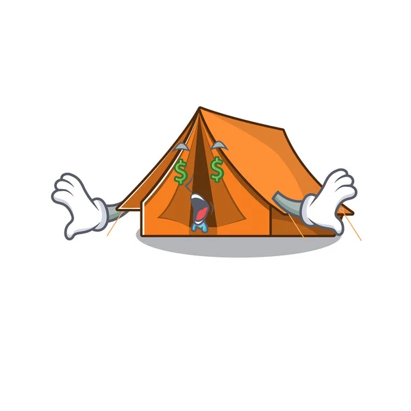 Camping tenda Scroll com dinheiro olho desenho animado personagem estilo — Vetor de Stock