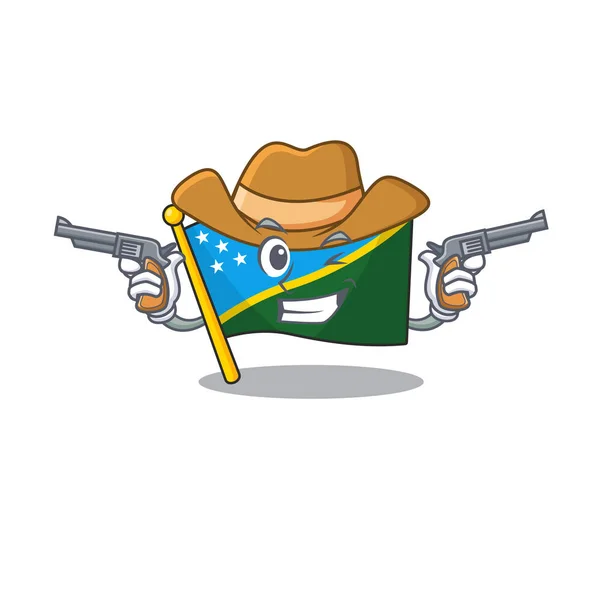 Bandeira solomon island Scroll mascote realizada como um Cowboy com armas —  Vetores de Stock