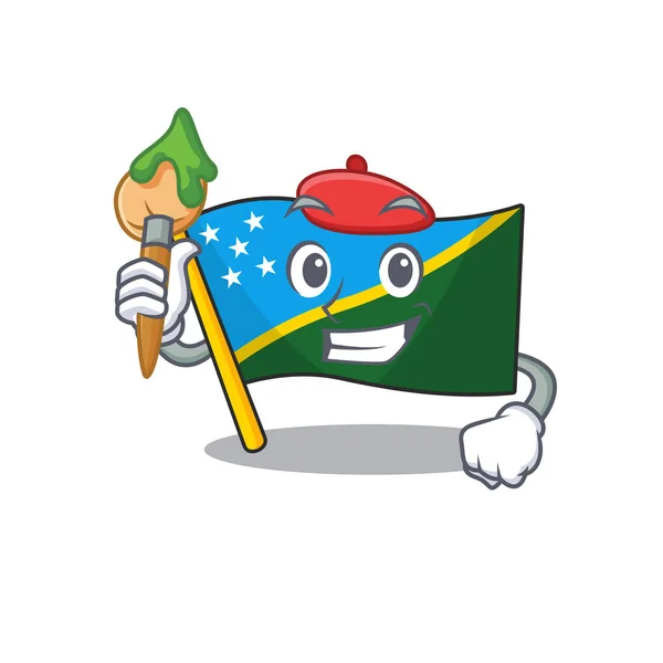 Funny flag solomon island Scroll Artist cartoon character holding brush — 스톡 벡터