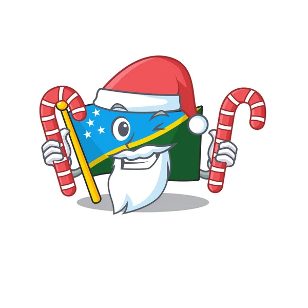 Glücklich Flagge Solomon Island Schriftrolle Cartoon-Figur in Santa mit Süßigkeiten — Stockvektor