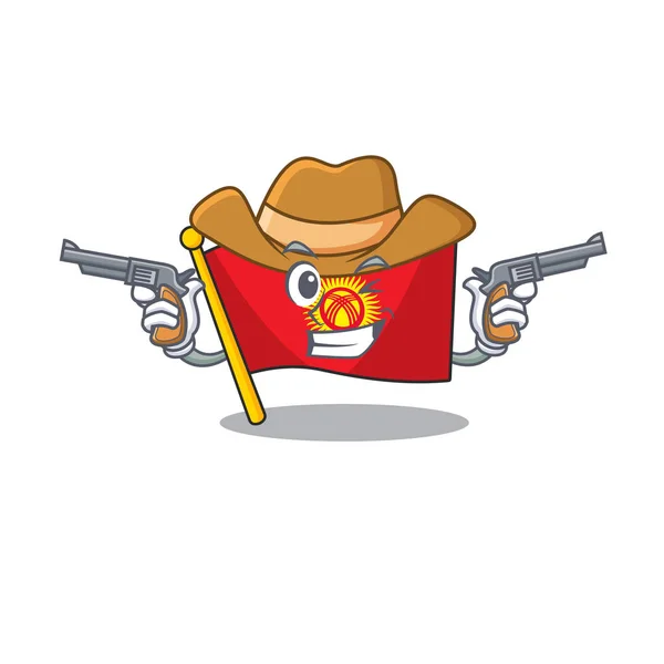 Flag kyrgyzstan Scroll mascot performed as a Cowboy with guns — Stock Vector