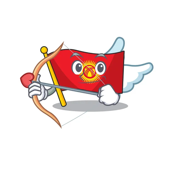 Söt flagga kyrgyzstan Scroll Cupid tecknad karaktär med pil och vingar — Stock vektor