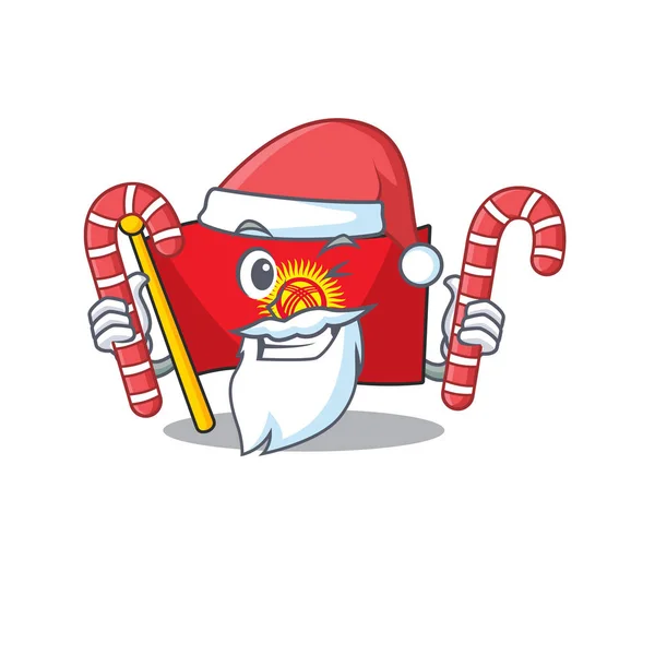 Glücklich Flagge Kyrgyzstan Schriftrolle Cartoon-Figur in Santa mit Süßigkeiten — Stockvektor