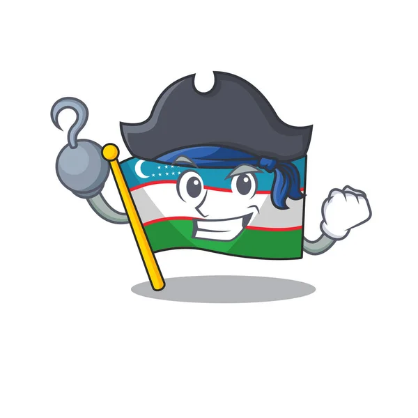 Una mano Bandiera pirata uzbekistan Scorrere stile cartone animato con cappello — Vettoriale Stock