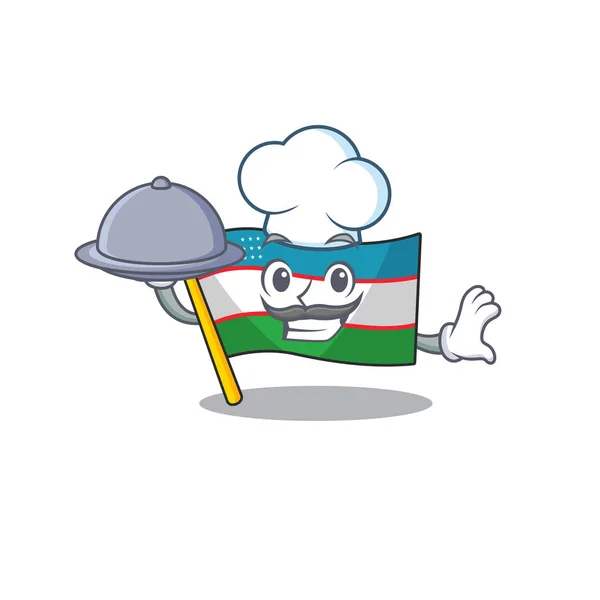 Diseño de dibujos animados bandera Uzbekistán Desplázate como un Chef con comida en bandeja — Vector de stock