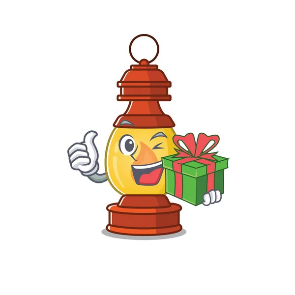 Lanterne visage heureux personnage Scroll avec boîte cadeau — Image vectorielle