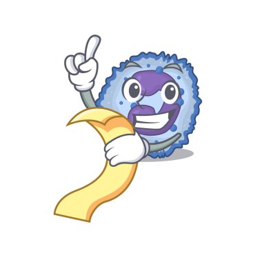 Menüsü olan komik bir Basophil Hücresi karakteri.