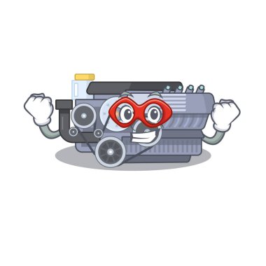 Yanma motorunun gülen maskotu süper kahraman gibi giyinmiş.